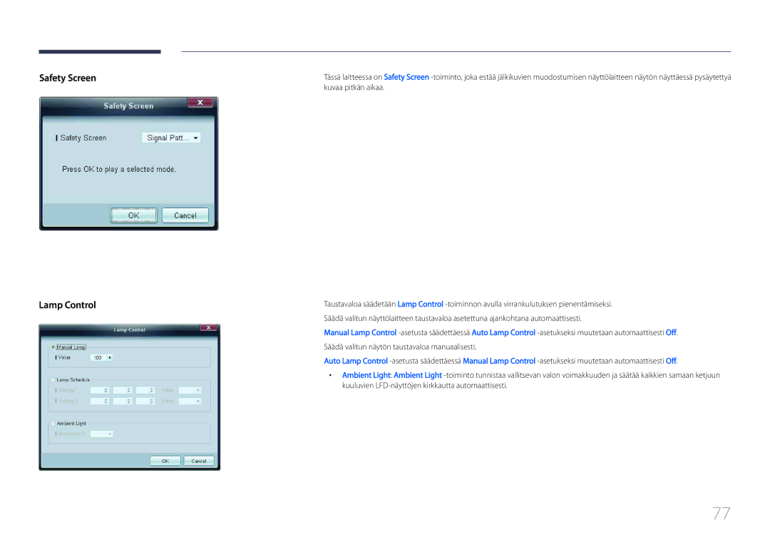 Samsung LH55UDCPLBB/EN, LH46UDCPLBB/EN manual Safety Screen Lamp Control 