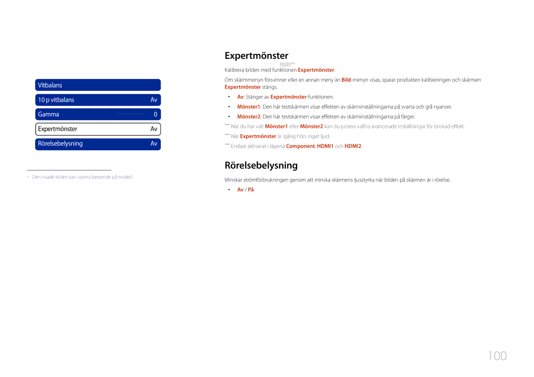 Samsung LH46UDCPLBB/EN, LH55UDCPLBB/EN manual 100, Expertmönster, Rörelsebelysning 