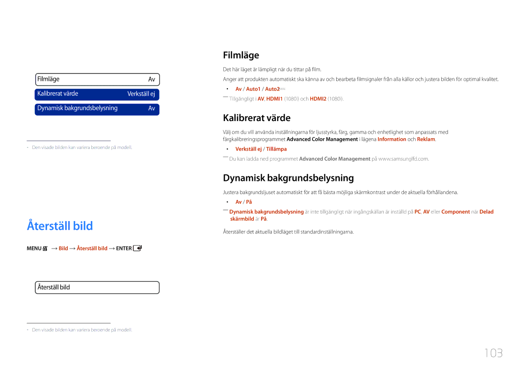 Samsung LH55UDCPLBB/EN, LH46UDCPLBB/EN manual Återställ bild, 103, Filmläge, Kalibrerat värde, Dynamisk bakgrundsbelysning 