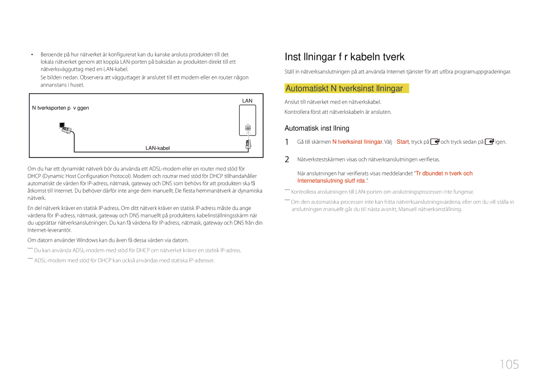 Samsung LH55UDCPLBB/EN manual 105, Inställningar för kabelnätverk, Automatiskt Nätverksinställningar, Och tryck sedan på 