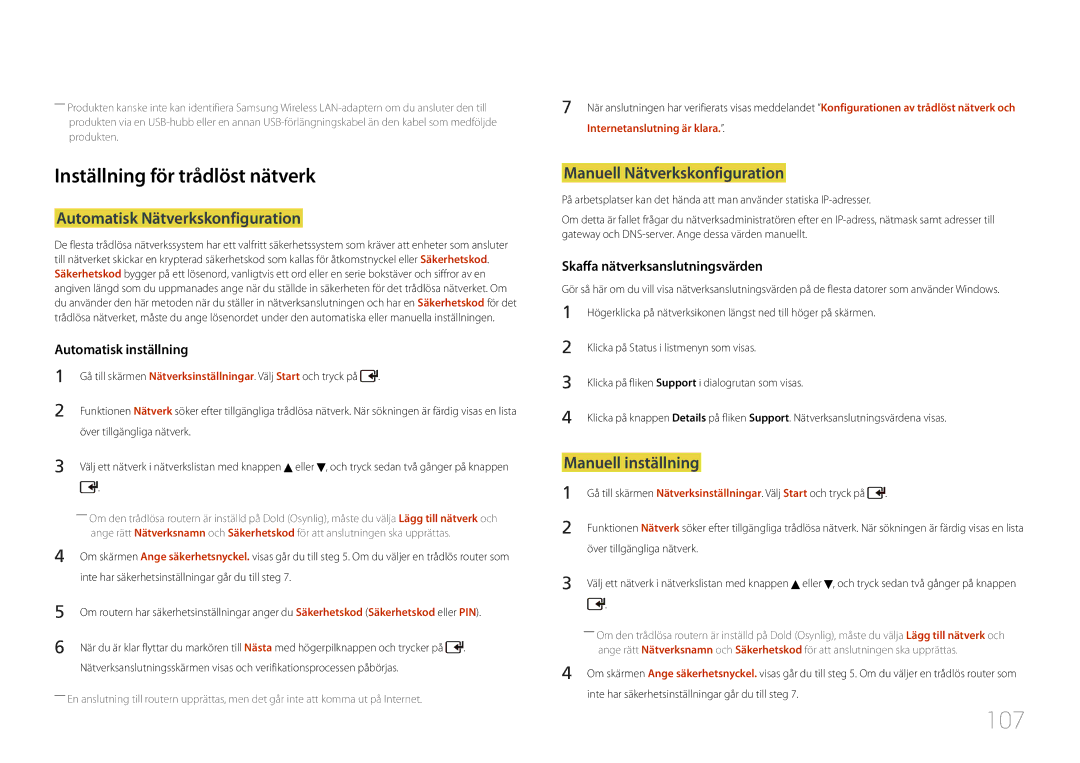 Samsung LH55UDCPLBB/EN, LH46UDCPLBB/EN manual 107, Inställning för trådlöst nätverk, Automatisk Nätverkskonfiguration 