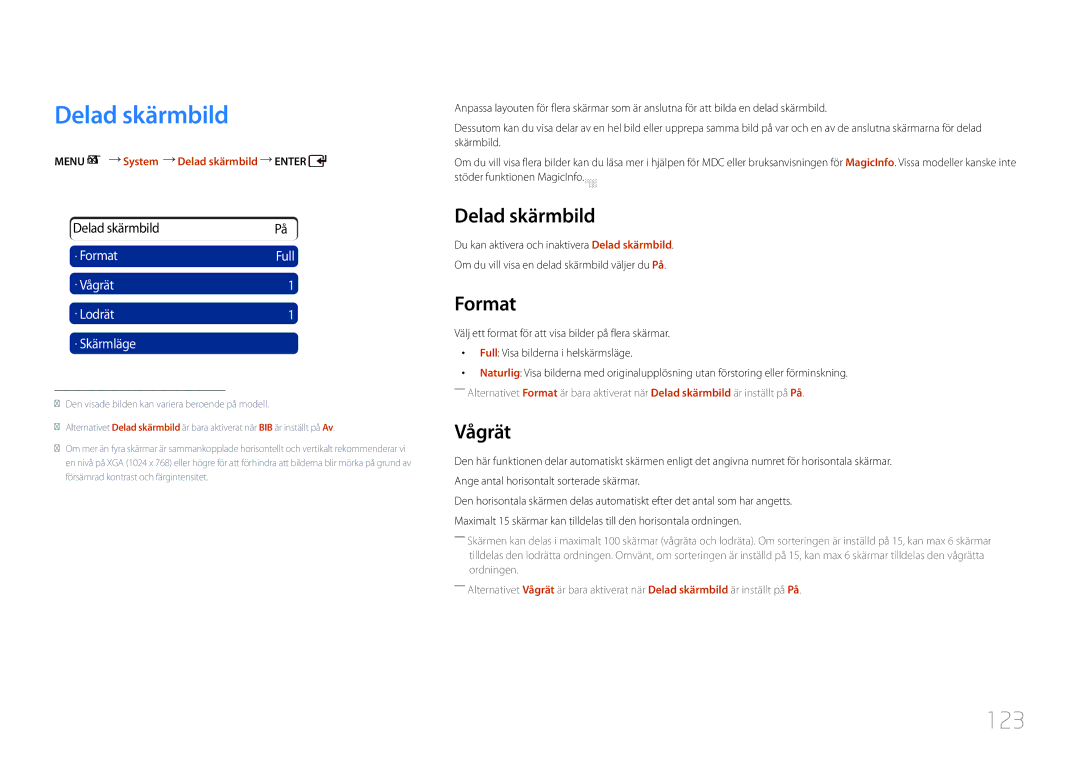 Samsung LH55UDCPLBB/EN, LH46UDCPLBB/EN manual Delad skärmbild, 123, Format, Vågrät 