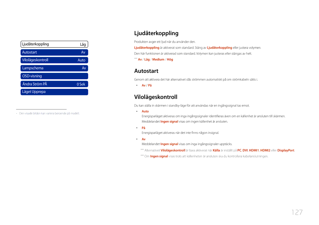 Samsung LH55UDCPLBB/EN, LH46UDCPLBB/EN manual 127, Ljudåterkoppling, Autostart, Vilolägeskontroll 