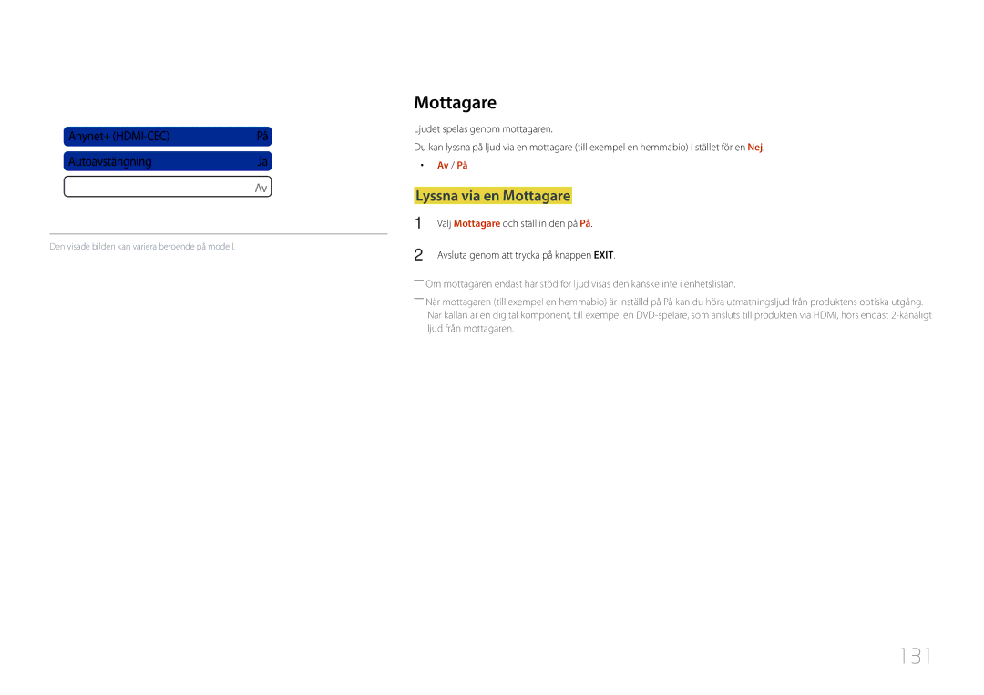 Samsung LH55UDCPLBB/EN, LH46UDCPLBB/EN manual 131, Lyssna via en Mottagare 