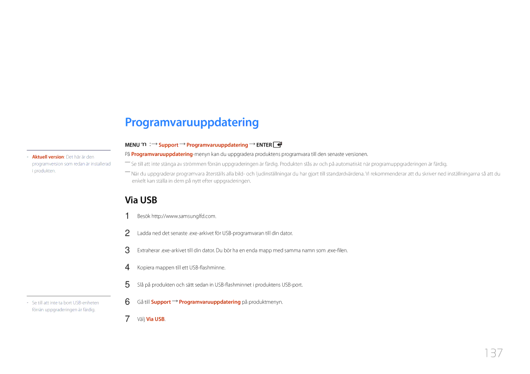 Samsung LH55UDCPLBB/EN, LH46UDCPLBB/EN manual Support, Programvaruuppdatering, 137, Via USB 