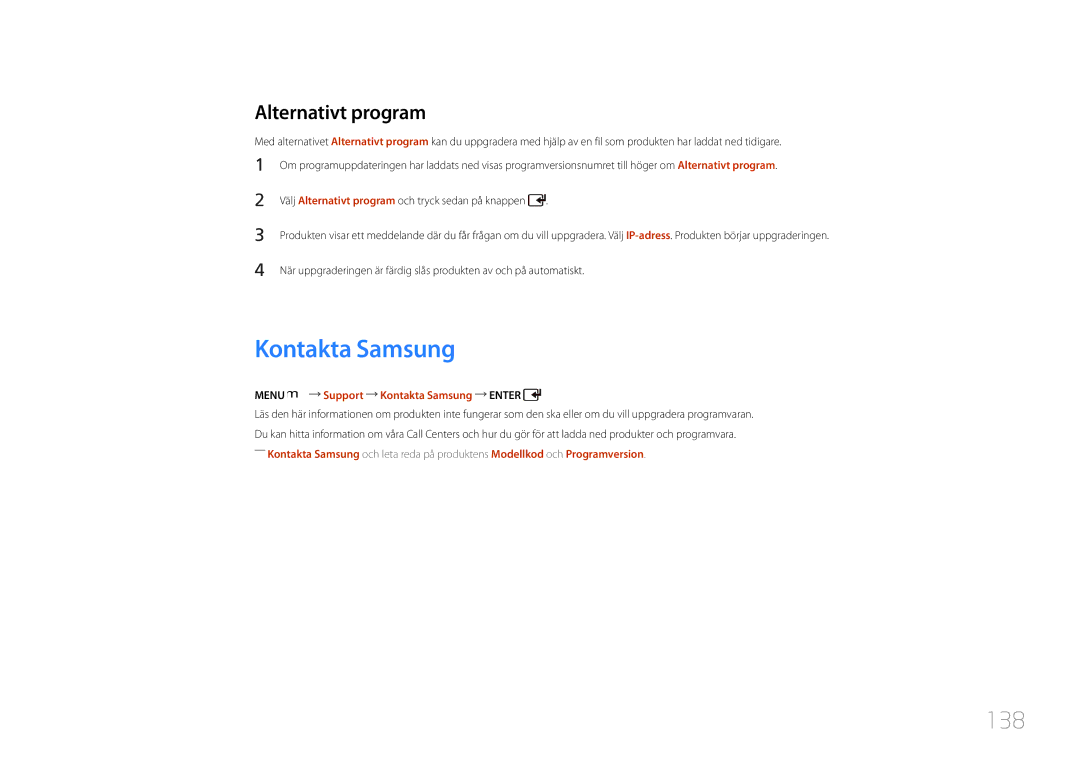 Samsung LH46UDCPLBB/EN, LH55UDCPLBB/EN manual 138, Alternativt program, Menu m Support Kontakta Samsung Enter 