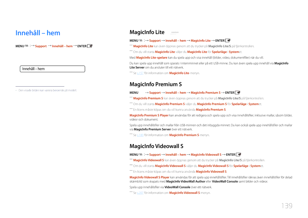 Samsung LH55UDCPLBB/EN, LH46UDCPLBB/EN manual Innehåll hem, 139, MagicInfo Lite, MagicInfo Premium S, MagicInfo Videowall S 