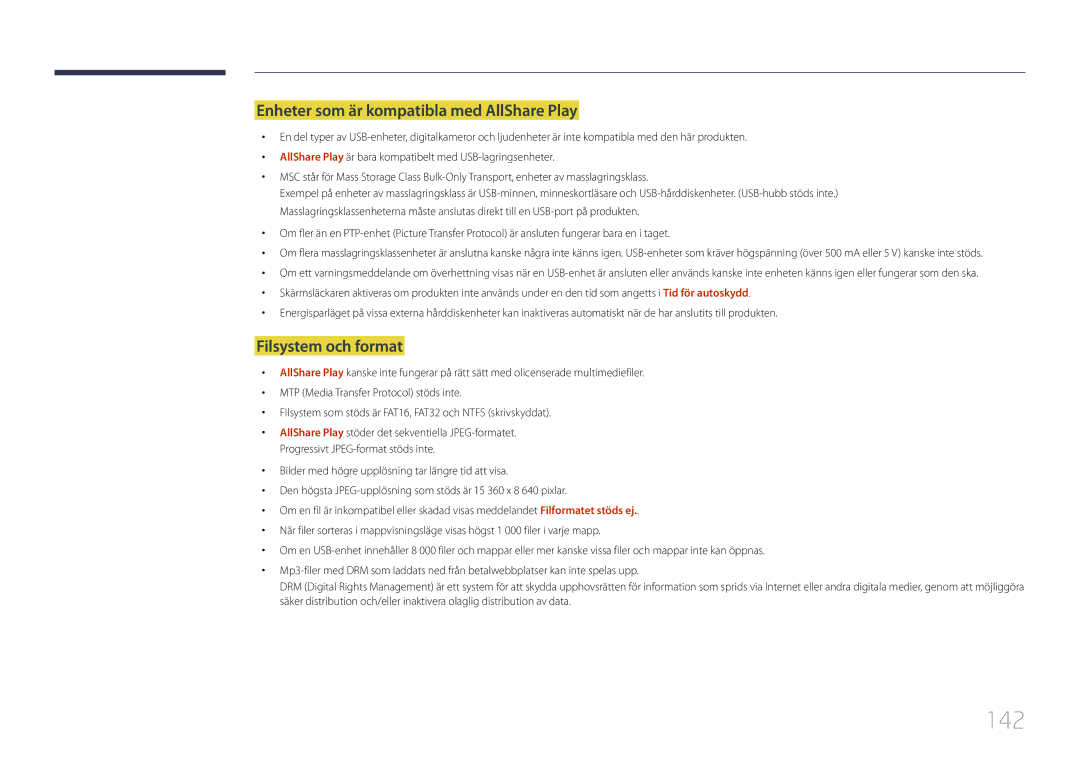 Samsung LH46UDCPLBB/EN, LH55UDCPLBB/EN manual 142, Enheter som är kompatibla med AllShare Play, Filsystem och format 