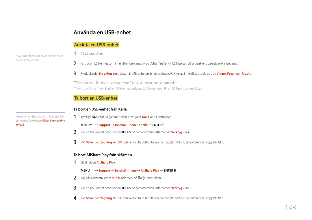 Samsung LH55UDCPLBB/EN, LH46UDCPLBB/EN manual 143, Använda en USB-enhet, Ansluta en USB-enhet, Ta bort en USB-enhet 