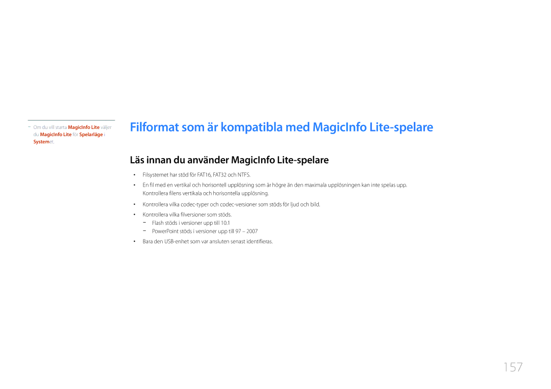 Samsung LH55UDCPLBB/EN, LH46UDCPLBB/EN manual 157, Läs innan du använder MagicInfo Lite-spelare 