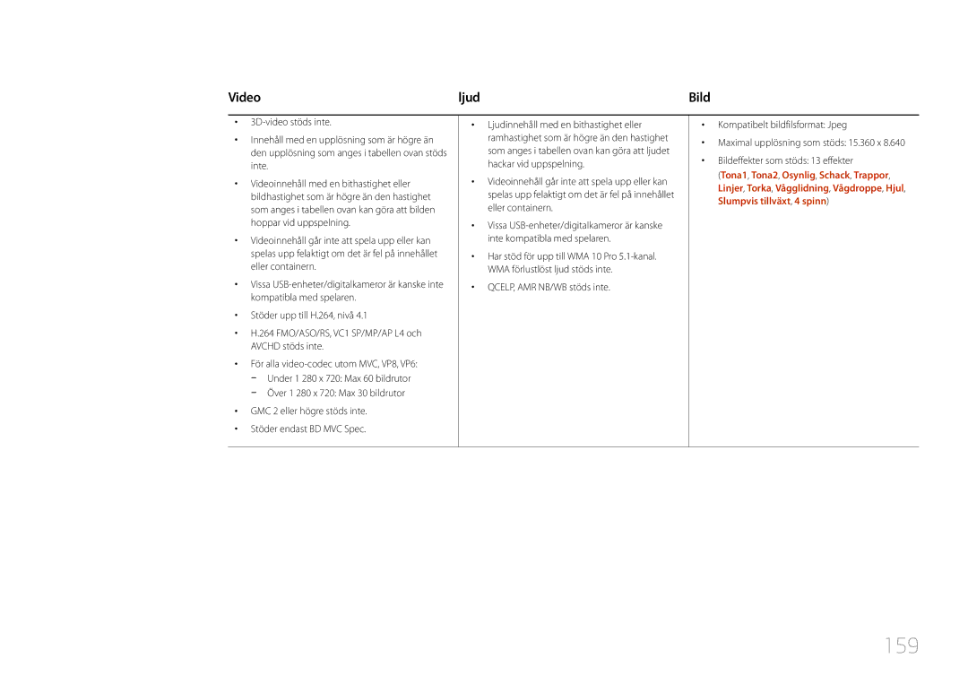 Samsung LH55UDCPLBB/EN, LH46UDCPLBB/EN manual 159, Video Ljud, GMC 2 eller högre stöds inte Stöder endast BD MVC Spec 