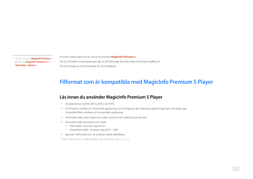 Samsung LH46UDCPLBB/EN, LH55UDCPLBB/EN manual Filformat som är kompatibla med MagicInfo Premium S Player, 180 