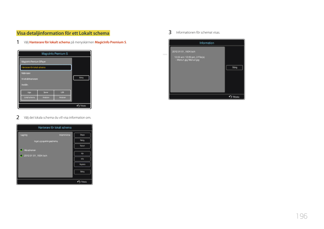 Samsung LH46UDCPLBB/EN, LH55UDCPLBB/EN manual 196, Visa detaljinformation för ett Lokalt schema 