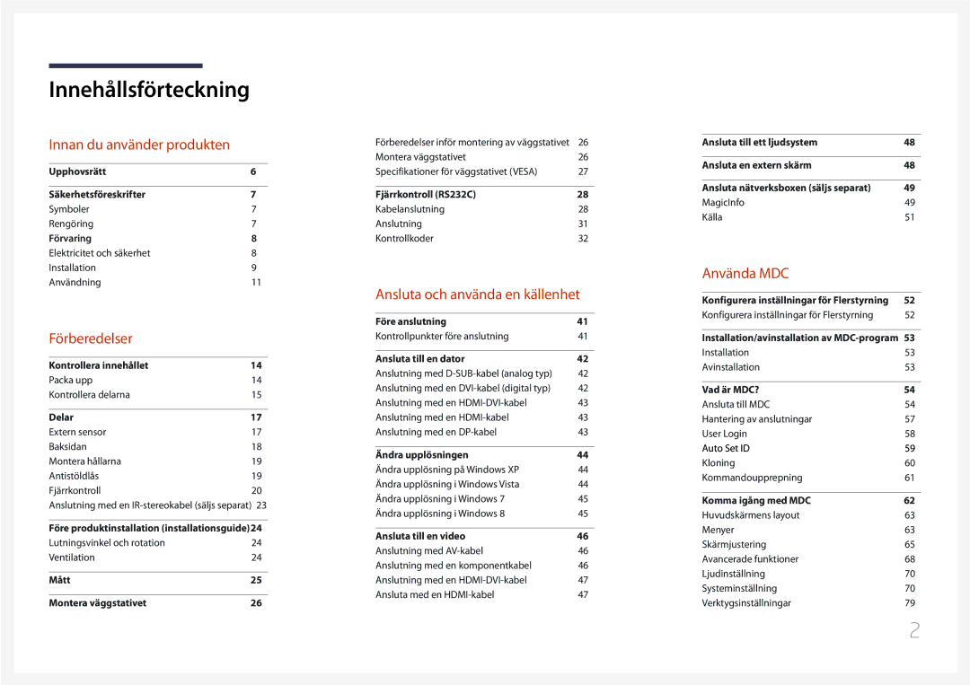 Samsung LH46UDCPLBB/EN, LH55UDCPLBB/EN manual Innehållsförteckning 