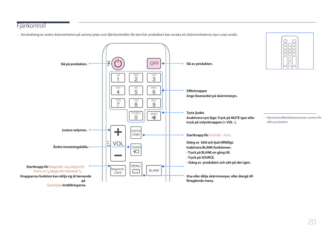 Samsung LH46UDCPLBB/EN manual Fjärrkontroll, Slå på produkten, Slå av produkten Justera volymen Ändra inmatningskälla 