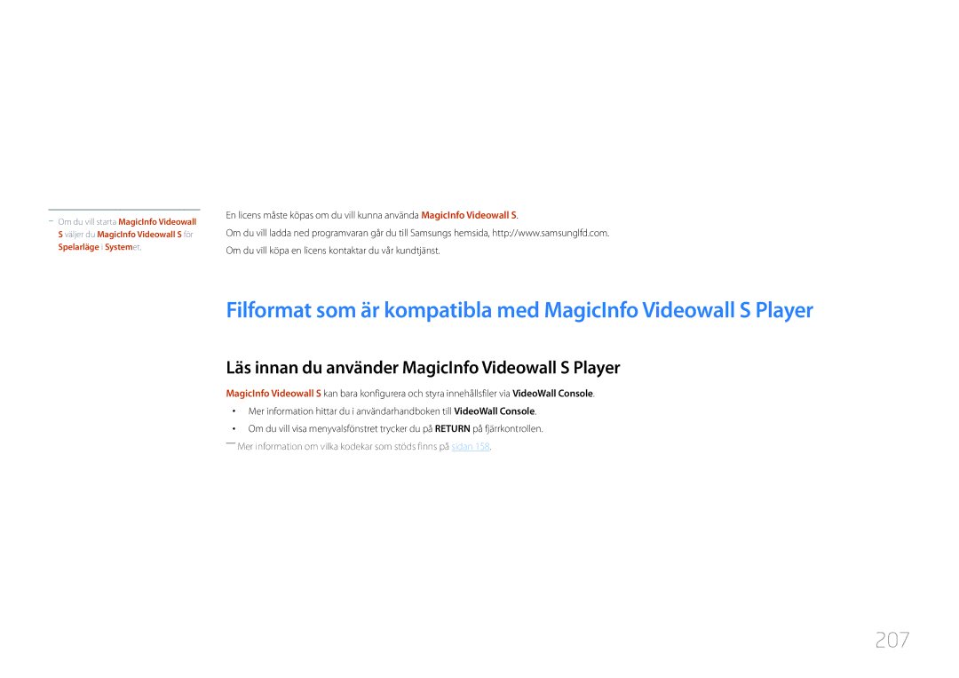 Samsung LH55UDCPLBB/EN, LH46UDCPLBB/EN manual 207, Läs innan du använder MagicInfo Videowall S Player 