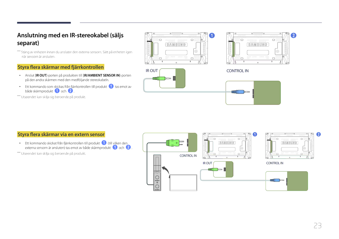 Samsung LH55UDCPLBB/EN manual Anslutning med en IR-stereokabel säljs separat, Styra flera skärmar med fjärrkontrollen 