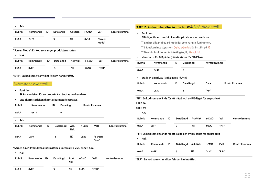 Samsung LH55UDCPLBB/EN, LH46UDCPLBB/EN manual Skärmstorlekskontroll, Screen Mode En kod som anger produktens status Nak 