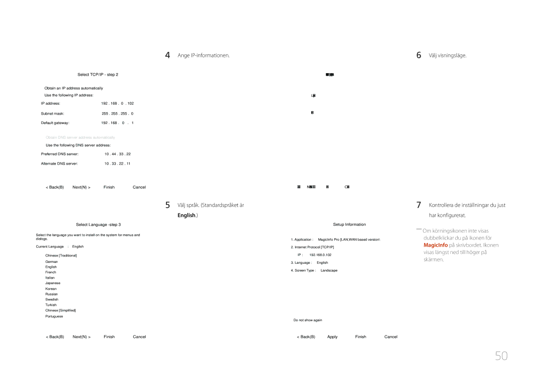 Samsung LH46UDCPLBB/EN, LH55UDCPLBB/EN manual Ange IP-informationen Välj språk. Standardspråket är, English 