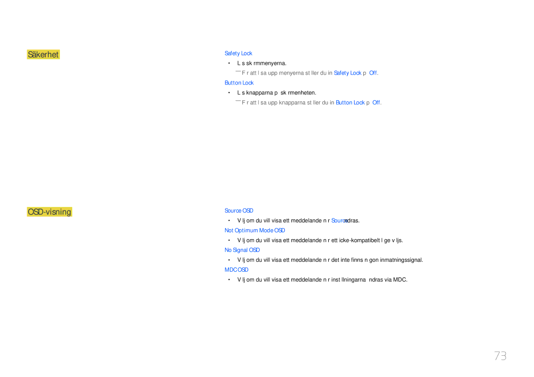 Samsung LH55UDCPLBB/EN, LH46UDCPLBB/EN manual Säkerhet OSD-visning, Lås skärmmenyerna, Lås knapparna på skärmenheten 