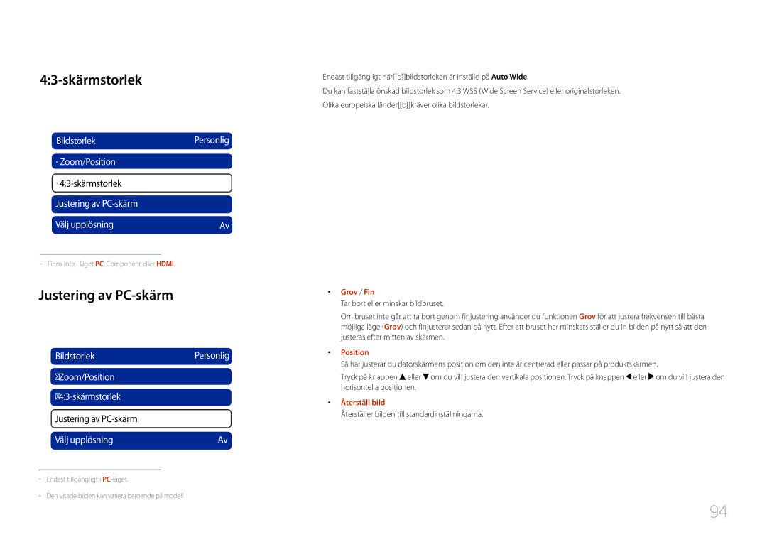 Samsung LH46UDCPLBB/EN, LH55UDCPLBB/EN manual 43-skärmstorlek, Justering av PC-skärm, Grov / Fin, Position, Återställ bild 