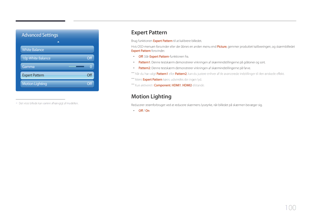 Samsung LH46UDCPLBB/EN, LH55UDCPLBB/EN manual 100, Expert Pattern, Motion Lighting 