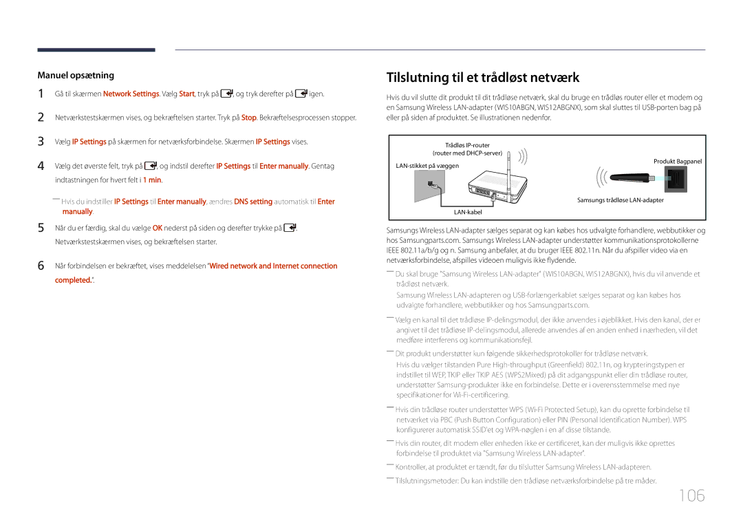 Samsung LH46UDCPLBB/EN, LH55UDCPLBB/EN manual 106, Tilslutning til et trådløst netværk, Completed 