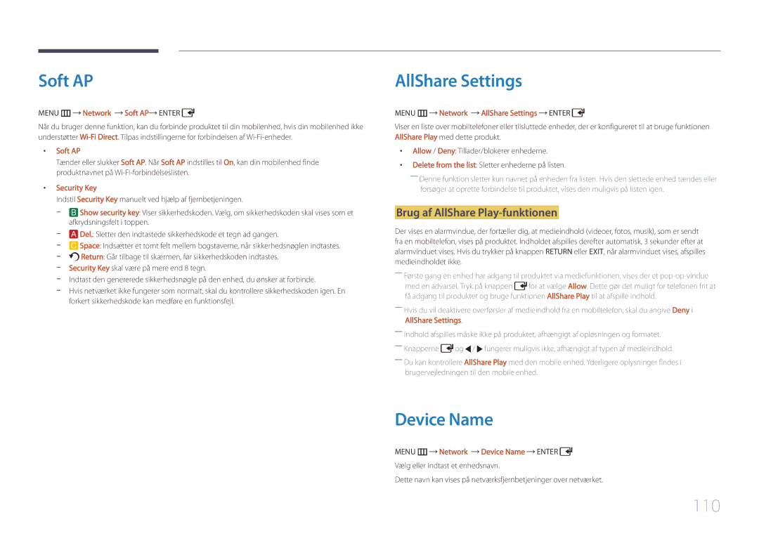 Samsung LH46UDCPLBB/EN, LH55UDCPLBB/EN manual Soft AP, AllShare Settings, Device Name, 110, Brug af AllShare Play-funktionen 