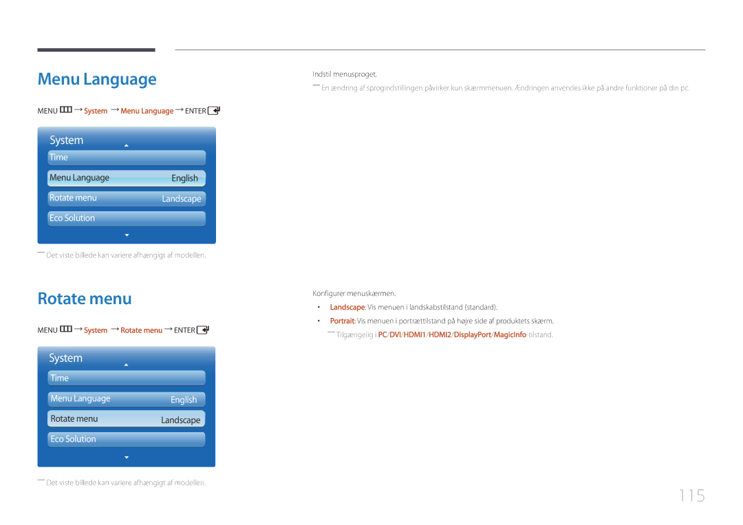 Samsung LH55UDCPLBB/EN, LH46UDCPLBB/EN 115, Menu m System Menu Language Enter, Menu m System Rotate menu Enter 