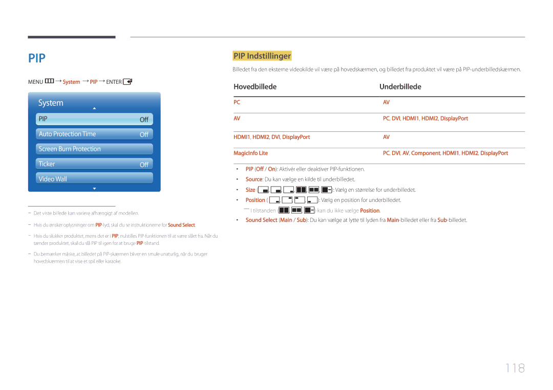 Samsung LH46UDCPLBB/EN, LH55UDCPLBB/EN manual 118, PIP Indstillinger, Hovedbillede Underbillede 