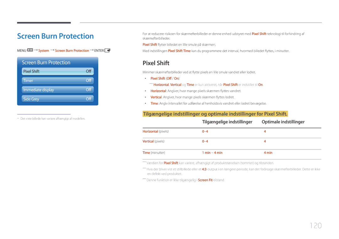 Samsung LH46UDCPLBB/EN, LH55UDCPLBB/EN manual Screen Burn Protection, 120, Pixel Shift 