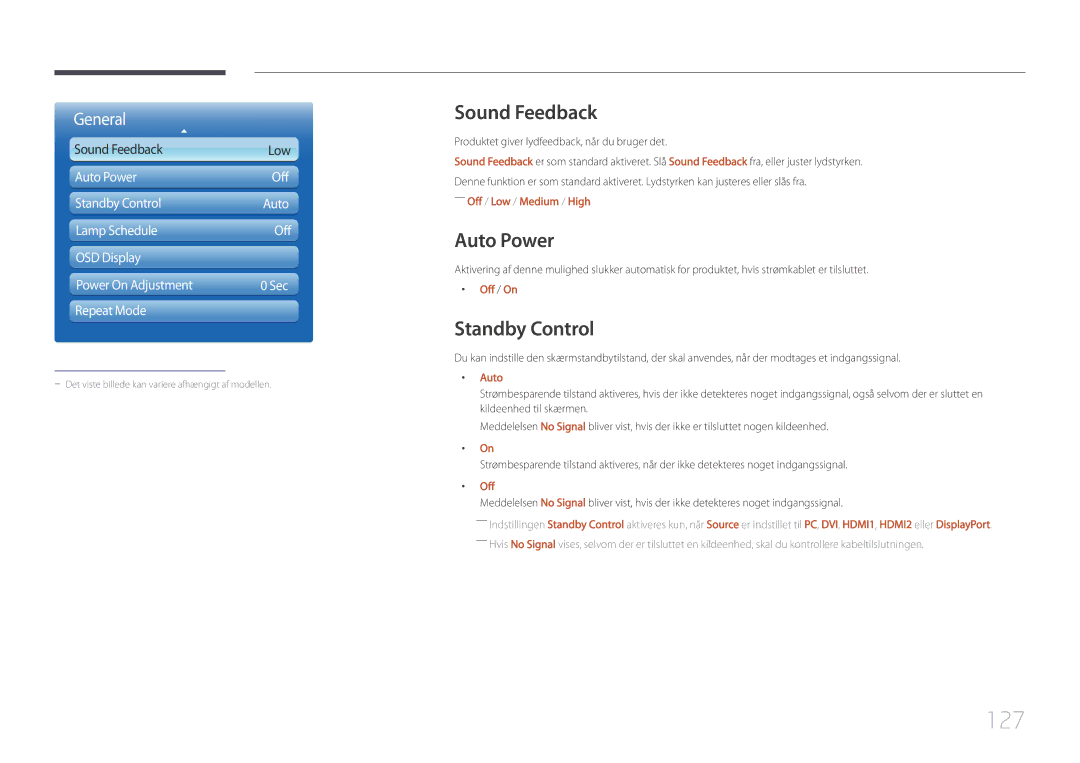 Samsung LH55UDCPLBB/EN, LH46UDCPLBB/EN manual 127, Sound Feedback, Auto Power, Standby Control 