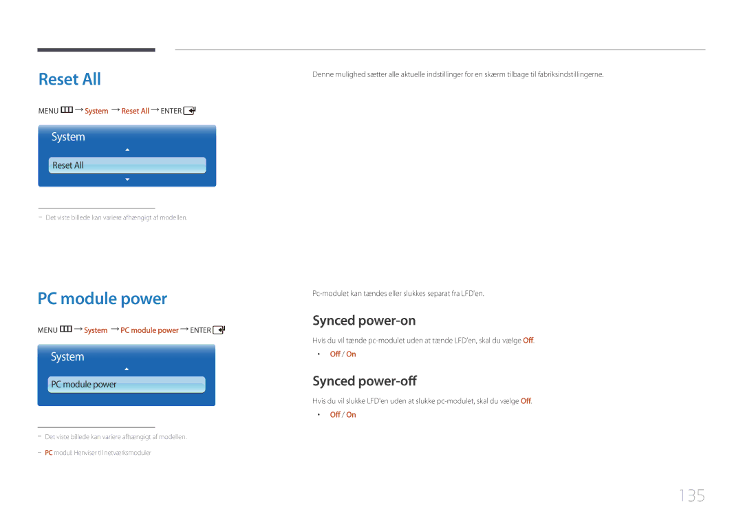 Samsung LH55UDCPLBB/EN, LH46UDCPLBB/EN manual Reset All, PC module power, 135, Synced power-on, Synced power-off 