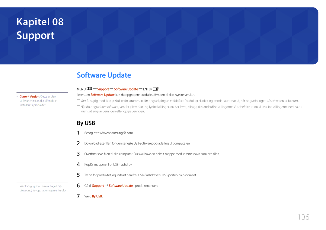 Samsung LH46UDCPLBB/EN, LH55UDCPLBB/EN manual Support, Software Update, 136, By USB 