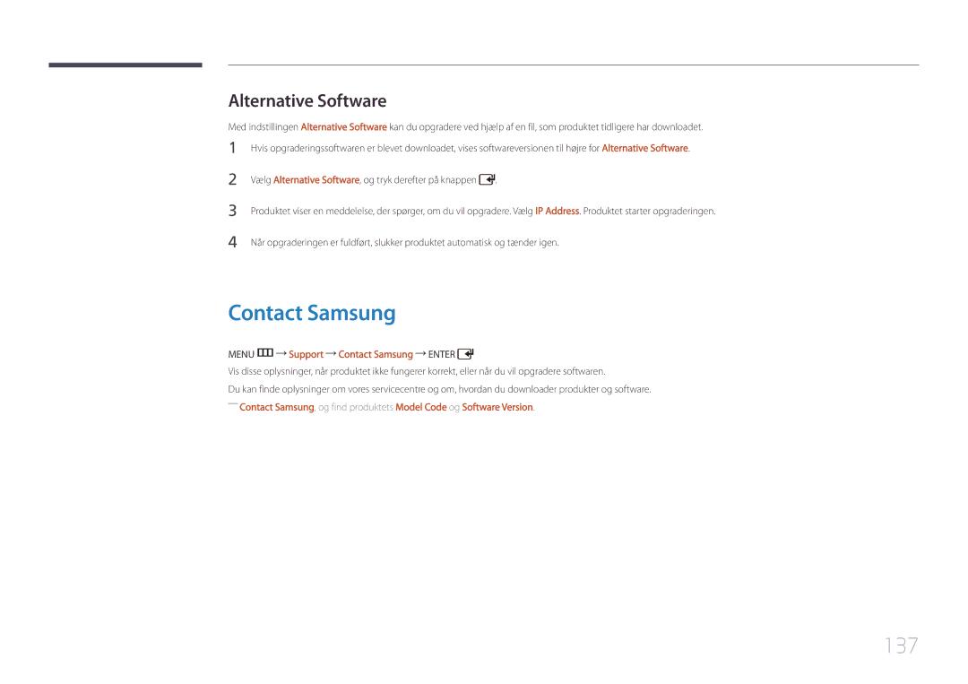 Samsung LH55UDCPLBB/EN, LH46UDCPLBB/EN manual 137, Alternative Software, Menu m Support Contact Samsung Enter 