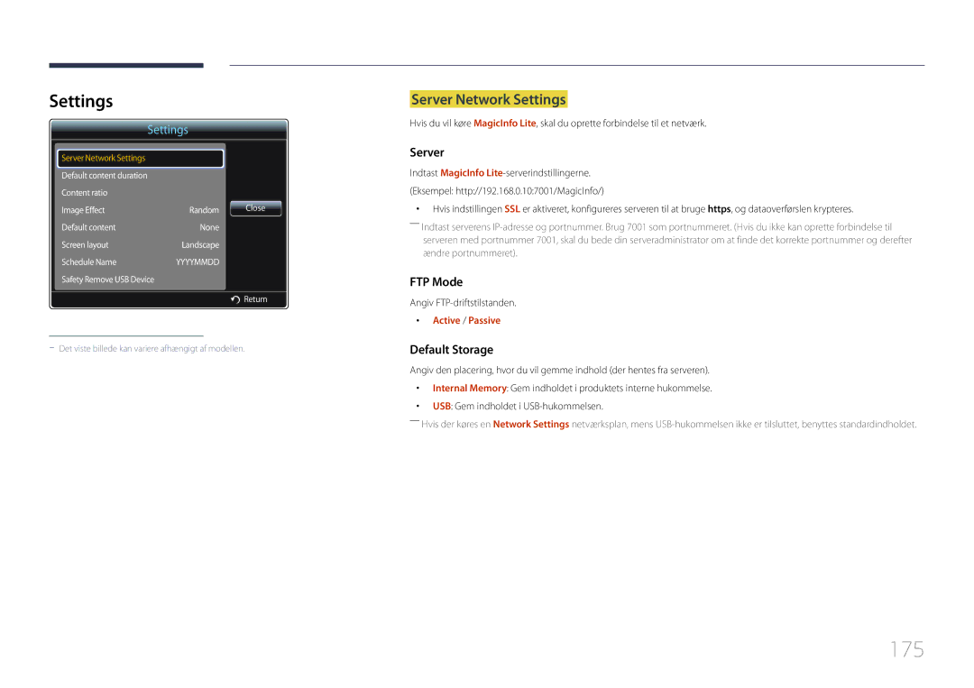 Samsung LH55UDCPLBB/EN, LH46UDCPLBB/EN manual 175, Server Network Settings, Angiv FTP-driftstilstanden 