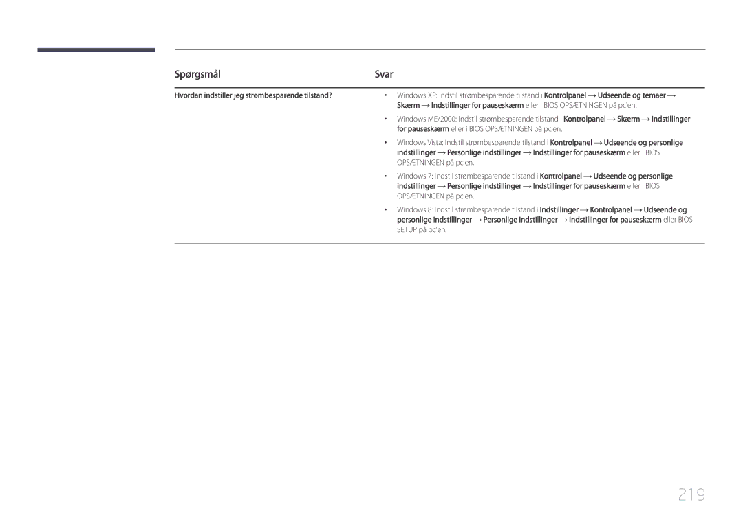 Samsung LH55UDCPLBB/EN, LH46UDCPLBB/EN manual 219, Svar, Hvordan indstiller jeg strømbesparende tilstand? 