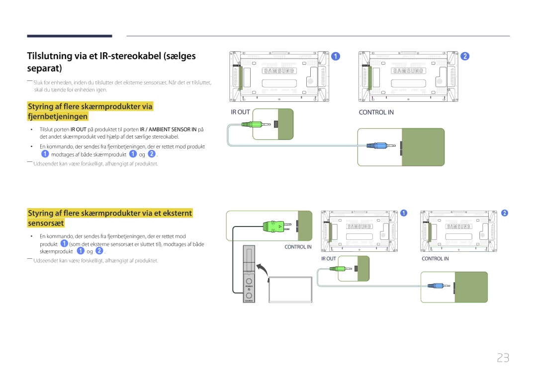 Samsung LH55UDCPLBB/EN, LH46UDCPLBB/EN manual Tilslutning via et IR-stereokabel sælges separat 