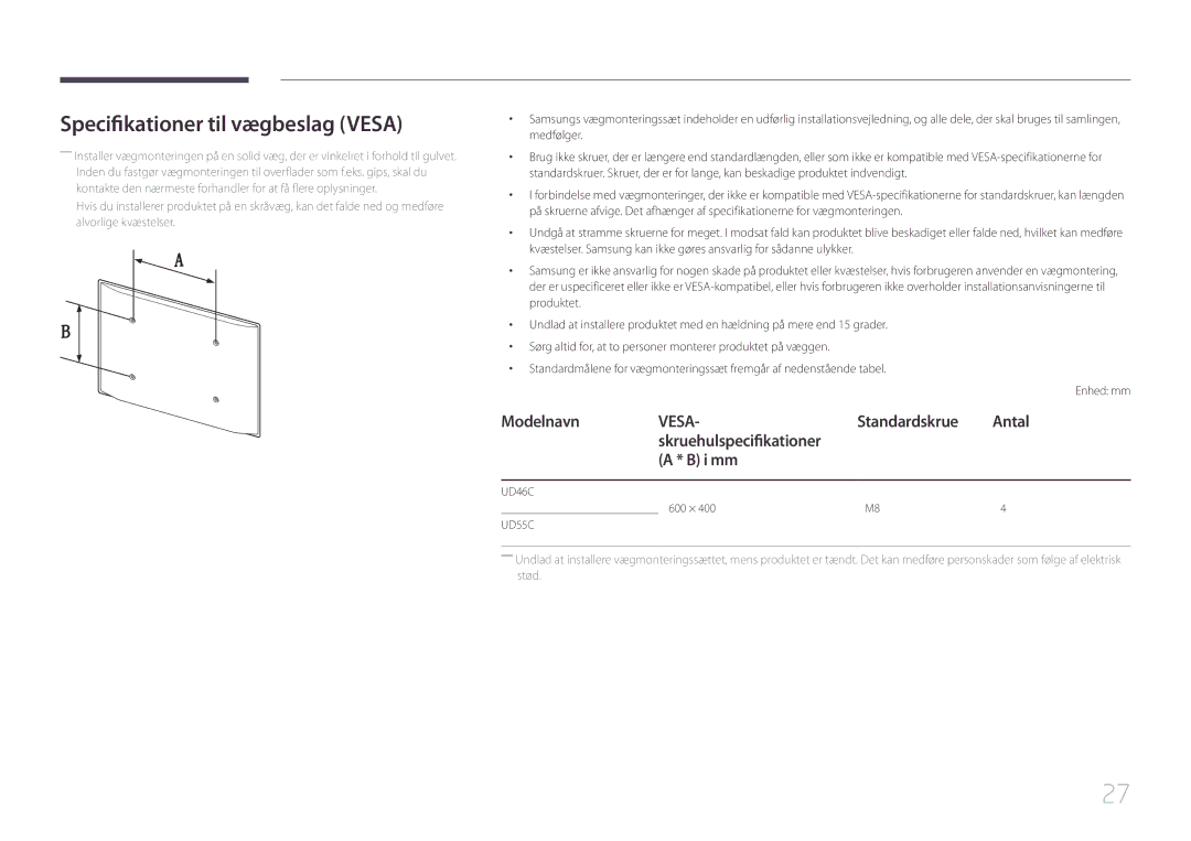 Samsung LH55UDCPLBB/EN manual Specifikationer til vægbeslag Vesa, Standardskrue Antal Skruehulspecifikationer I mm 