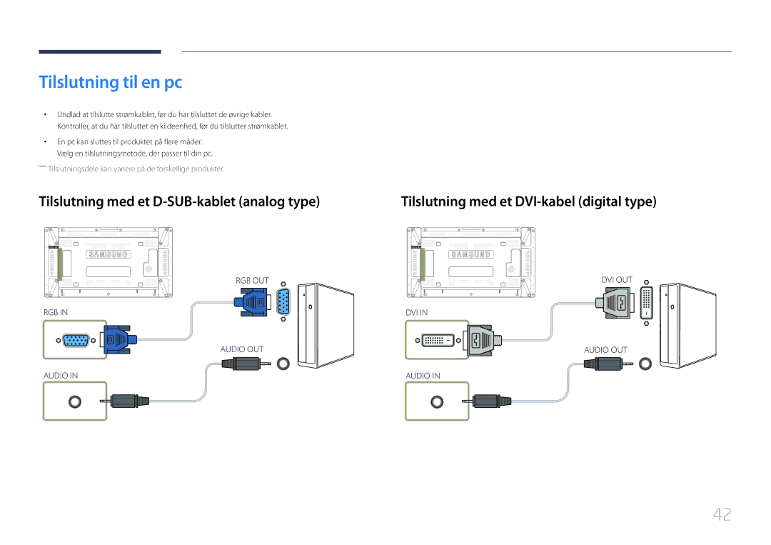 Samsung LH46UDCPLBB/EN, LH55UDCPLBB/EN manual Tilslutning til en pc, Tilslutning med et D-SUB-kablet analog type 