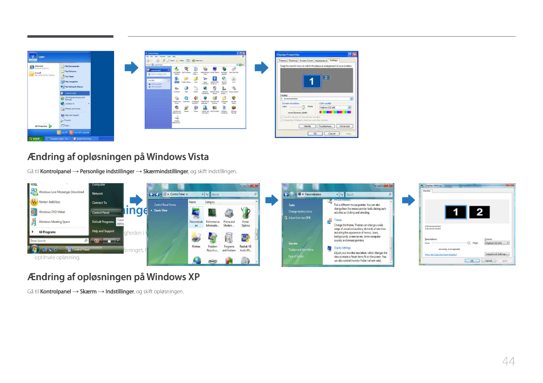 Samsung LH46UDCPLBB/EN, LH55UDCPLBB/EN Ændring af opløsningen på Windows Vista, Ændring af opløsningen på Windows XP 