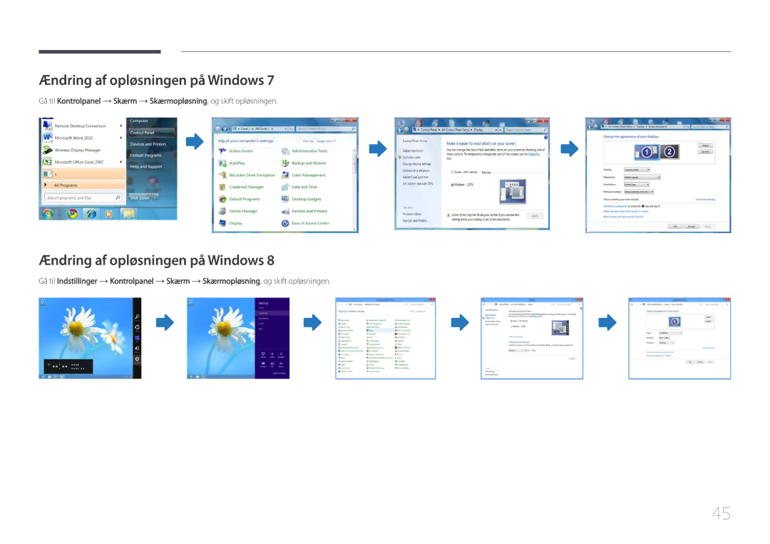 Samsung LH55UDCPLBB/EN, LH46UDCPLBB/EN manual Ændring af opløsningen på Windows 