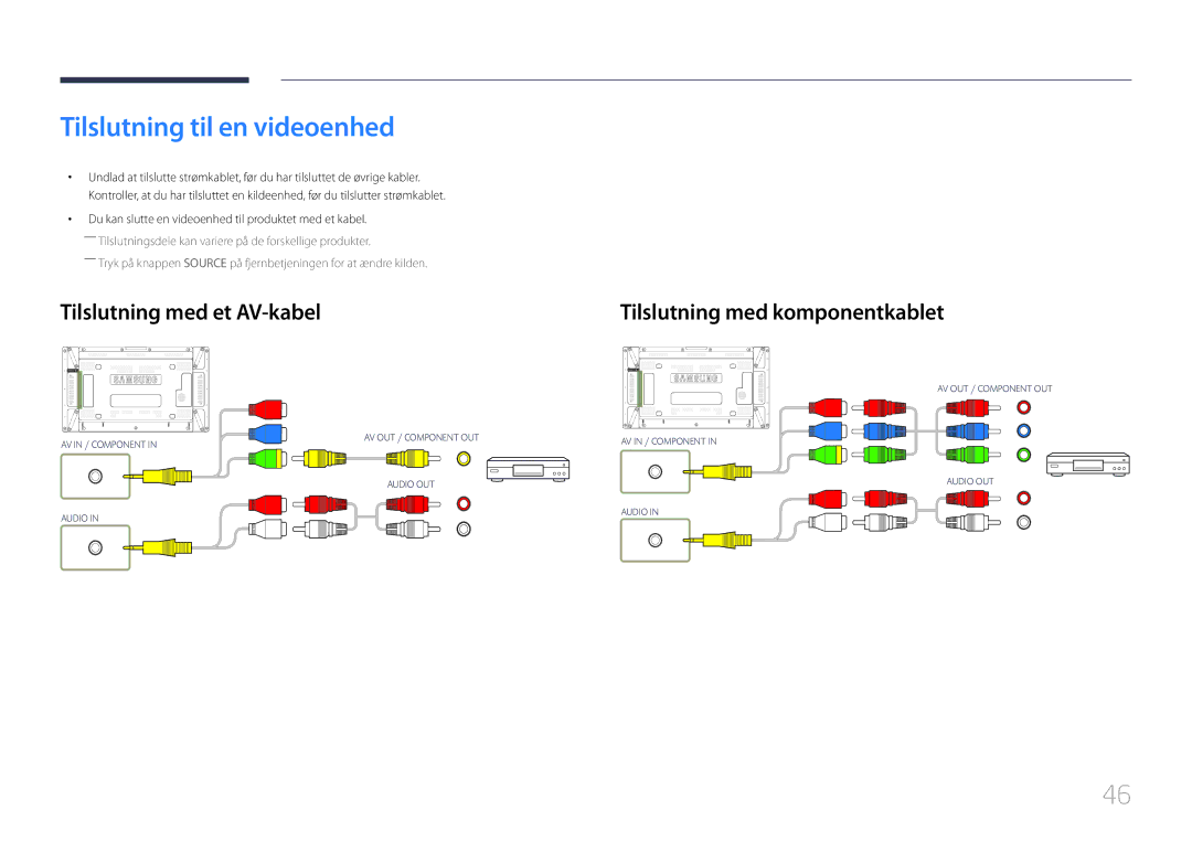 Samsung LH46UDCPLBB/EN manual Tilslutning til en videoenhed, Tilslutning med et AV-kabel Tilslutning med komponentkablet 