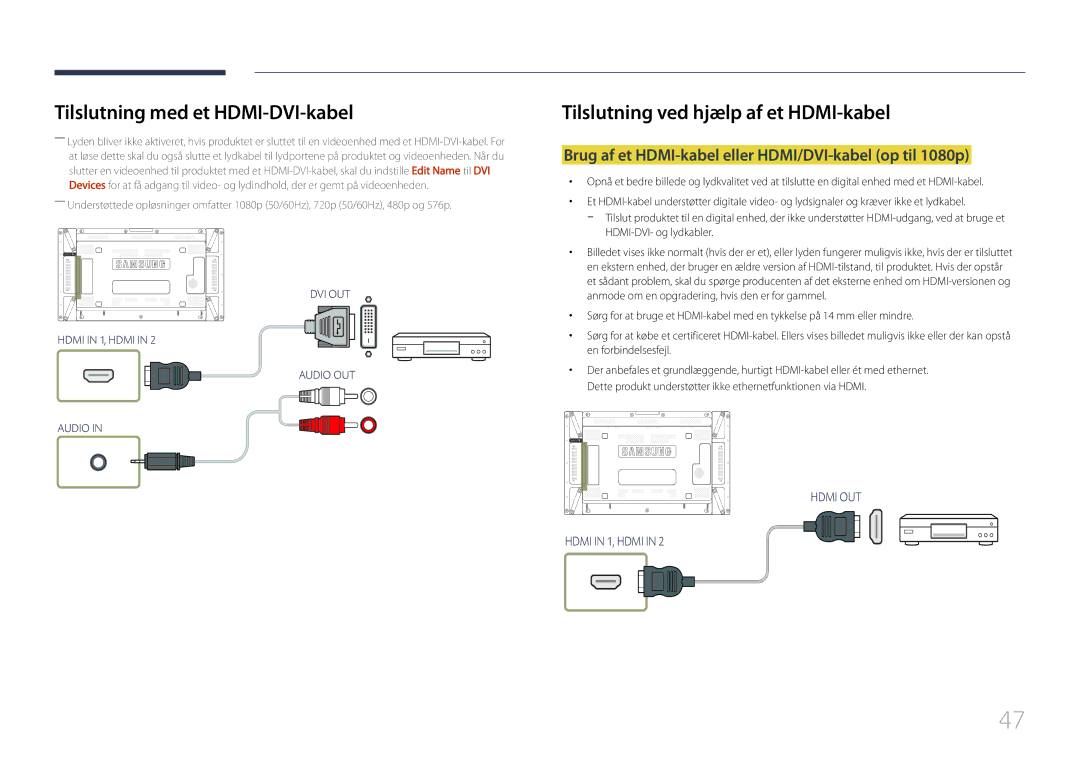 Samsung LH55UDCPLBB/EN Tilslutning ved hjælp af et HDMI-kabel, Brug af et HDMI-kabel eller HDMI/DVI-kabel op til 1080p 