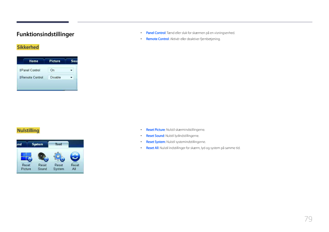 Samsung LH55UDCPLBB/EN, LH46UDCPLBB/EN manual Funktionsindstillinger, Sikkerhed Nulstilling 