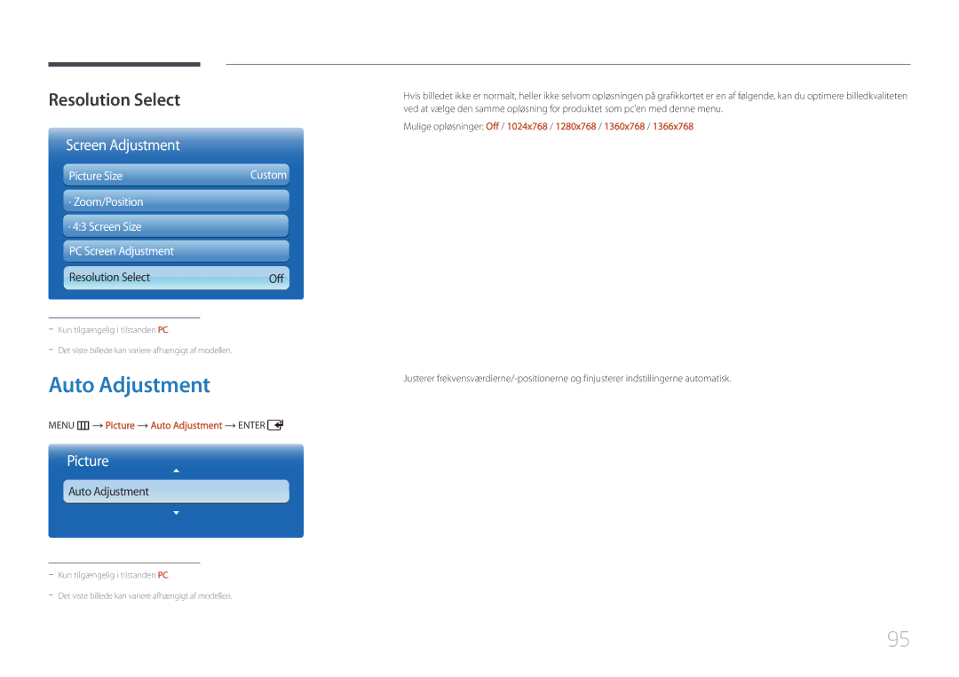 Samsung LH55UDCPLBB/EN, LH46UDCPLBB/EN manual Resolution Select, Menu m Picture Auto Adjustment Enter 