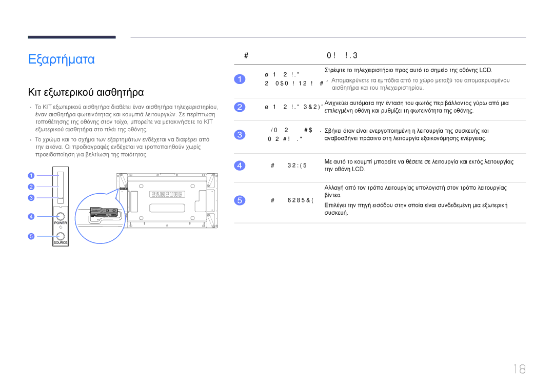 Samsung LH46UDCPLBB/EN, LH55UDCPLBB/EN manual Εξαρτήματα, Κιτ εξωτερικού αισθητήρα, Κουμπιά Περιγραφή 