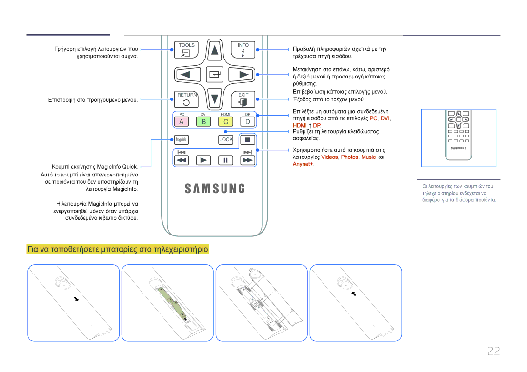 Samsung LH46UDCPLBB/EN manual Για να τοποθετήσετε μπαταρίες στο τηλεχειριστήριο, Χρησιμοποιούνται συχνά, Hdmi ή DP 