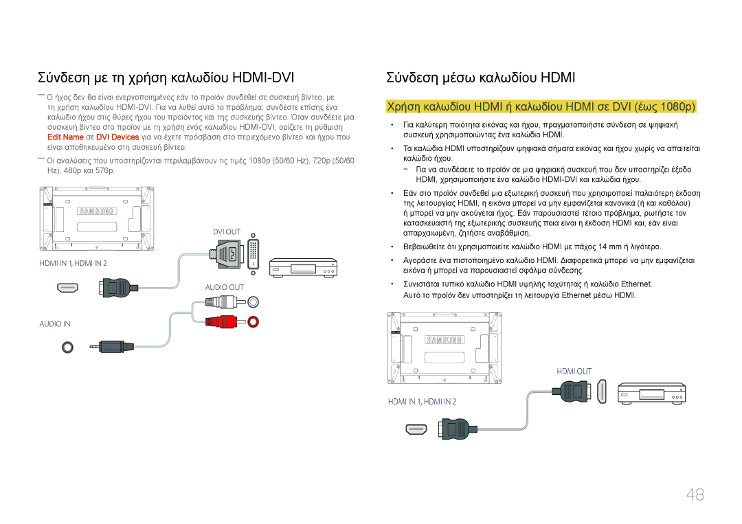 Samsung LH46UDCPLBB/EN, LH55UDCPLBB/EN Σύνδεση μέσω καλωδίου Hdmi, Χρήση καλωδίου Hdmi ή καλωδίου Hdmi σε DVI έως 1080p 