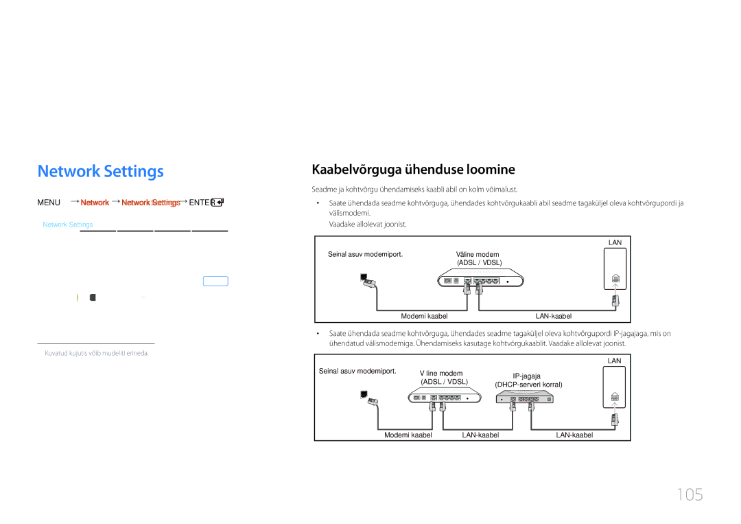 Samsung LH46UDCPLBB/EN manual Võrguühendused, Network Settings, 105, Kaabelvõrguga ühenduse loomine 